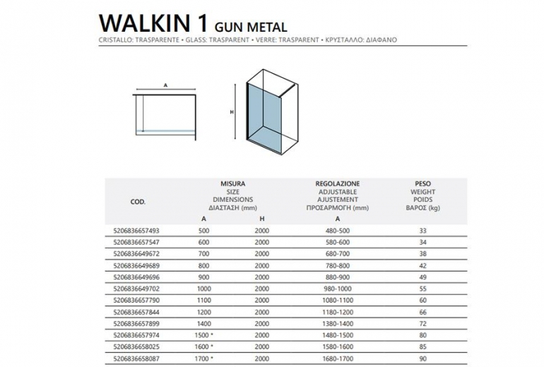 Tuš stena Walkin 1 Gun Metal 170x200
